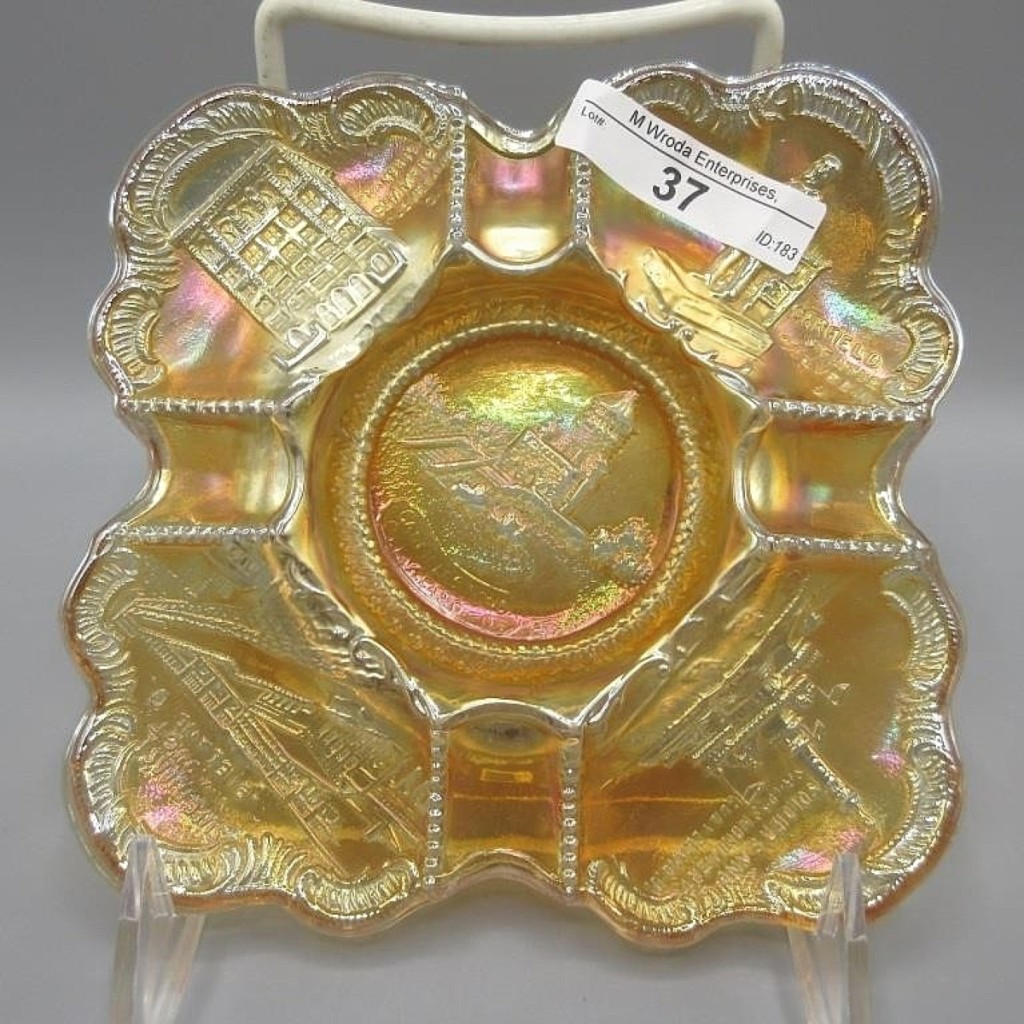 The sale was led by a Millersburg Cleveland Memorial ashtray in marigold that sold for $55,000. The piece was made to commemorate US President Grover Cleveland’s centennial. Millersburg made the ashtray in marigold and purple, with less than a dozen known in purple and less than four known in marigold.