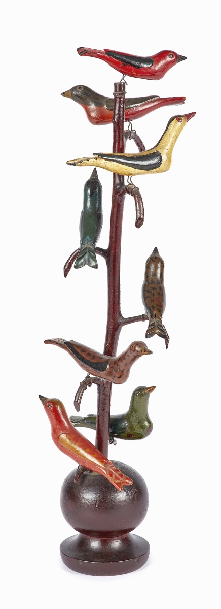 An artist auction record was set for Schtockschnitzler Simmons (Pennsylvania, active 1885-1910) when this bird tree sold for $103,700. The tree measured 20½ inches high and sold to a collector local to the auction house. The catalog said Moyer purchased it privately in the 1960s from the family of Amos Kline, where it had descended. Auctioneer Jamie Shearer said based on the carving, the paint, the condition and the quantity of birds, it was the nicest example from Simmons that he had ever seen. It was illustrated in Machmer’s Just for Nice.