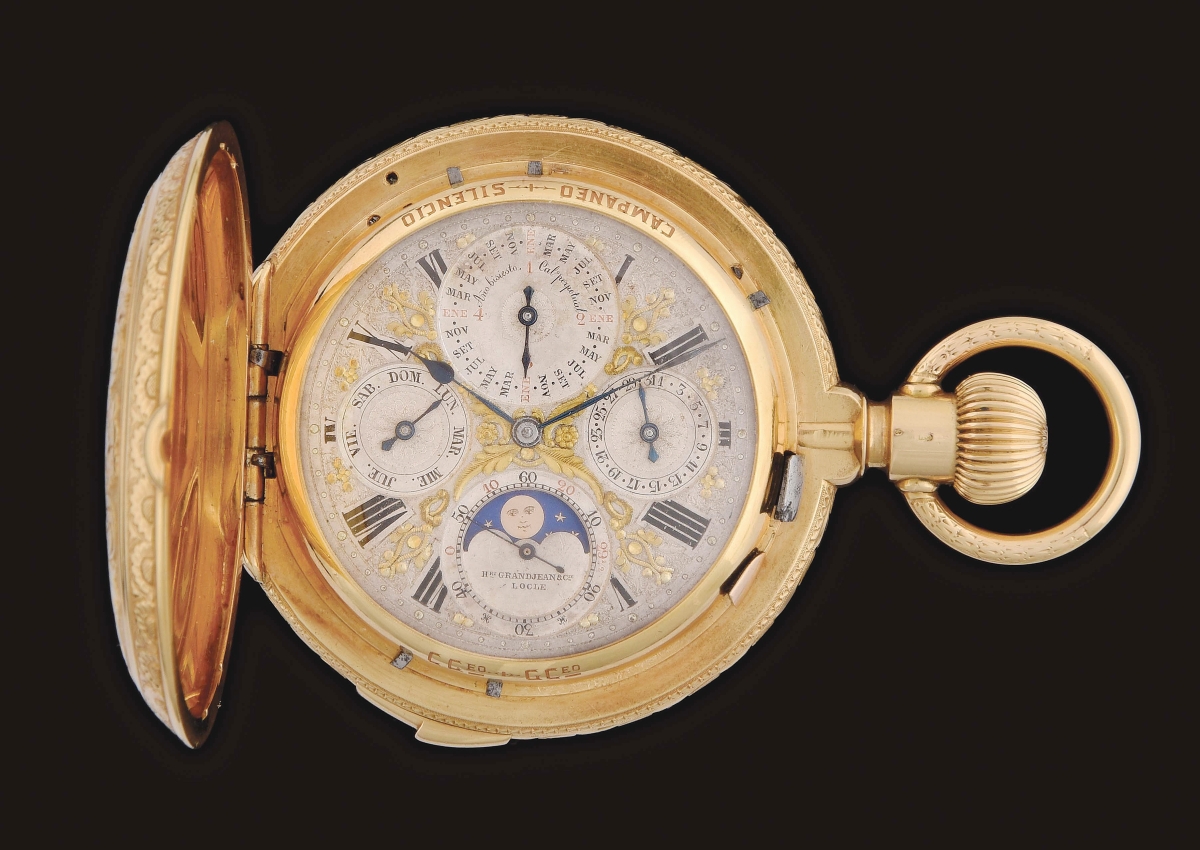Rare circa 1880 Henri Grandjean & Co., Grande Sonnerie clock-watch with minute repeater, hand-decorated 18K yellow gold hunter’s case engraved birds and flowers. Complications include leap year perpetual calendar, moon phase, and quarter-hour passing strike chime that can be silenced. It brought $62,730 against an estimate of $20/40,000 – top lot of the sale.