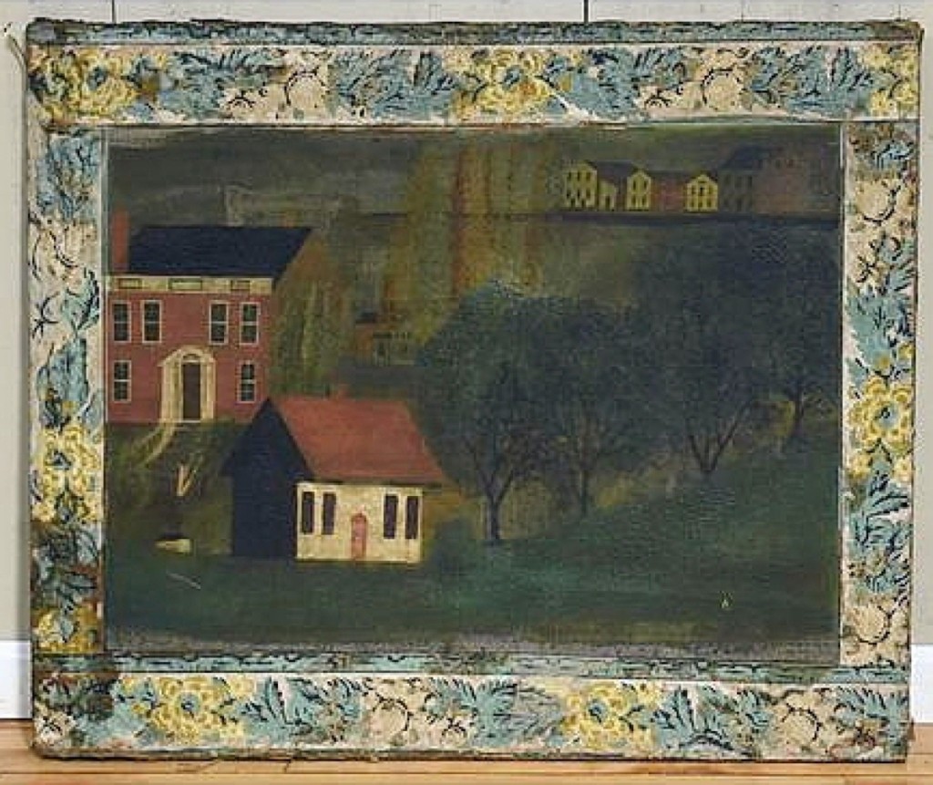 “That had a really great folk feel; it reminded me of a fireboard,” Smith said of this Nineteenth Century oil on canvas landscape with wallpaper border that a Vermont dealer won for $6,490 ($400/600).