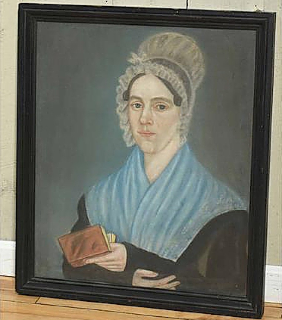 Bidding on the phone, a buyer from the Mid-Atlantic states acquired this early Nineteenth Century pastel portrait of a woman in a bonnet holding a book for $5,605. The work, which measured 28 by 24 inches in the frame, reminded Smith of portraits done by Shute and Ruth Baskin ($400/800).