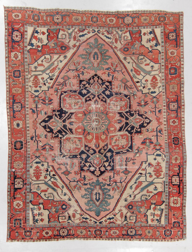 Serapi rug, Persia, late Nineteenth Century, 9 feet 1 inch by 11 feet 9 inches, realized $4,063.