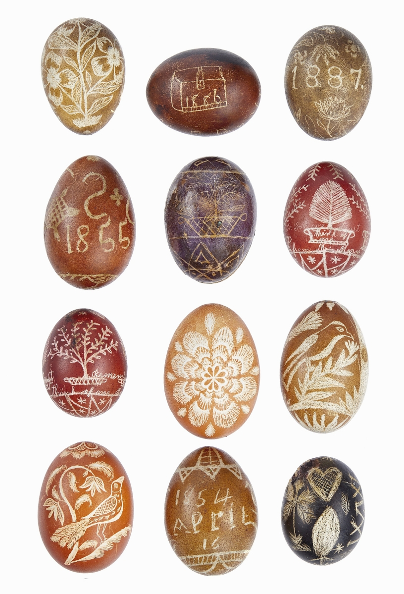Pook has handled a number of Pennsylvania dyed and pin carved chicken eggs in the past, but never in the quantity seen here. The dozen sold for $17,080, a nod to their rarity as a group. Moyer purchased them at an onsite auction in 1998. Two were initialed and identified: “1887 CKJ” was made for Christianna Krauss Jacob and the other “HKJ 1877” was made for Hannah Krauss Jacob.