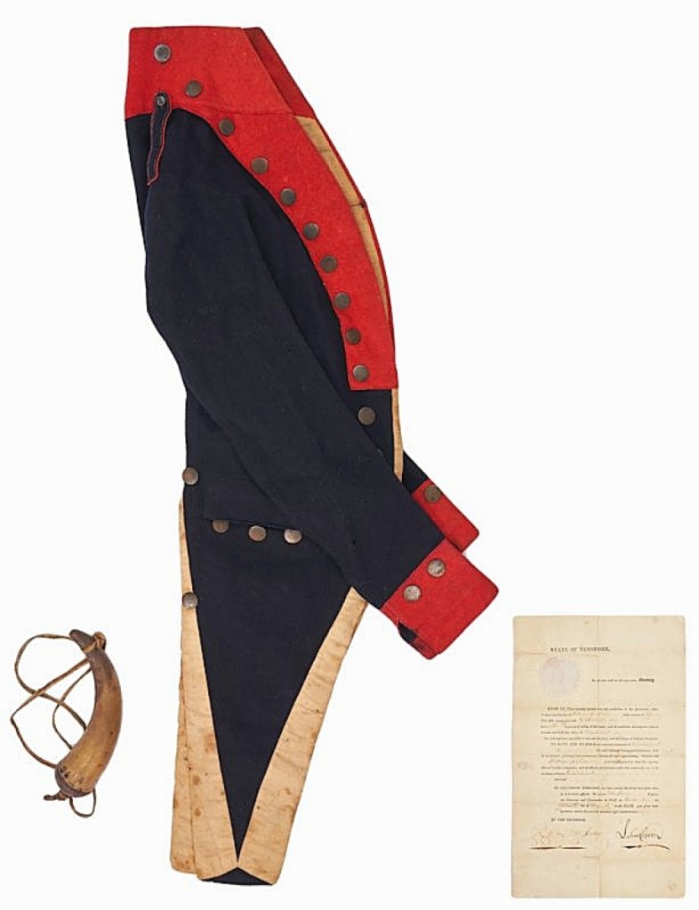 Fetching $24,000 was a rare War of 1812-era Tennessee state militia jacket belonging to Lt. William Graham of East Tennessee and accompanied by his powder horn and military commission signed by Tennessee’s first governor, John Sevier.