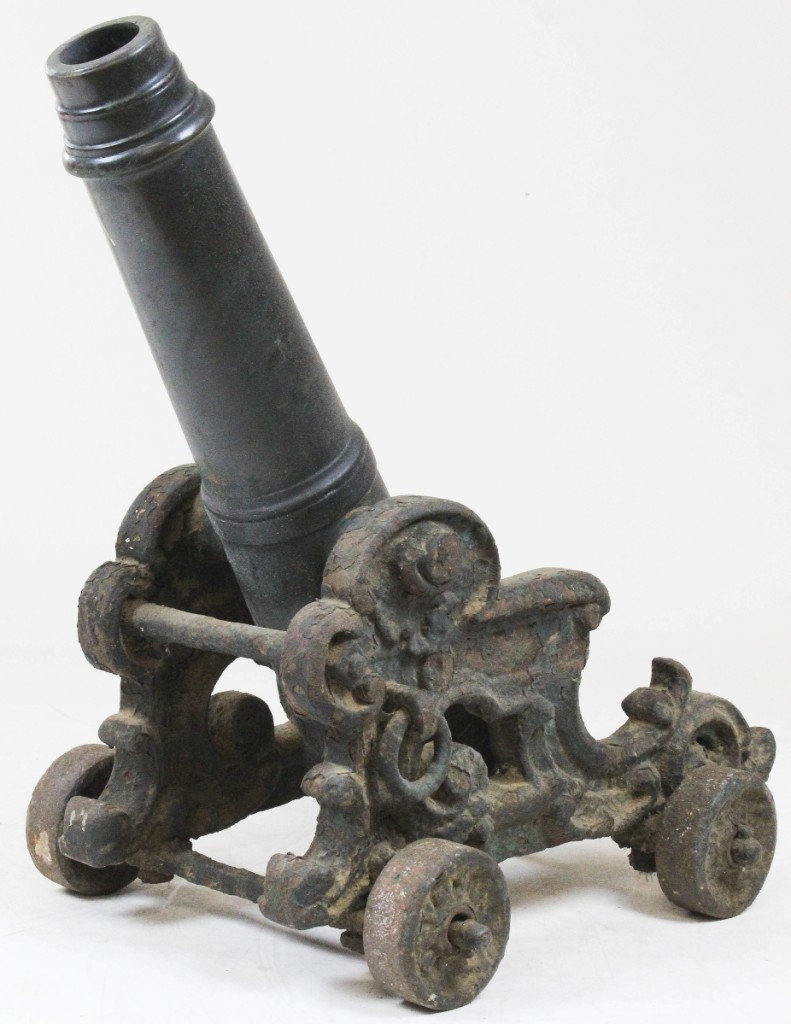 This Eighteenth Century bronze naval cannon fired off at $7,995. Seated on a cast iron carriage, the 30-inch-long cannon with 2-inch bore had descended in an old collection purchased in St Lawrence Valley in the 1950s and had remained in the collection from that time.