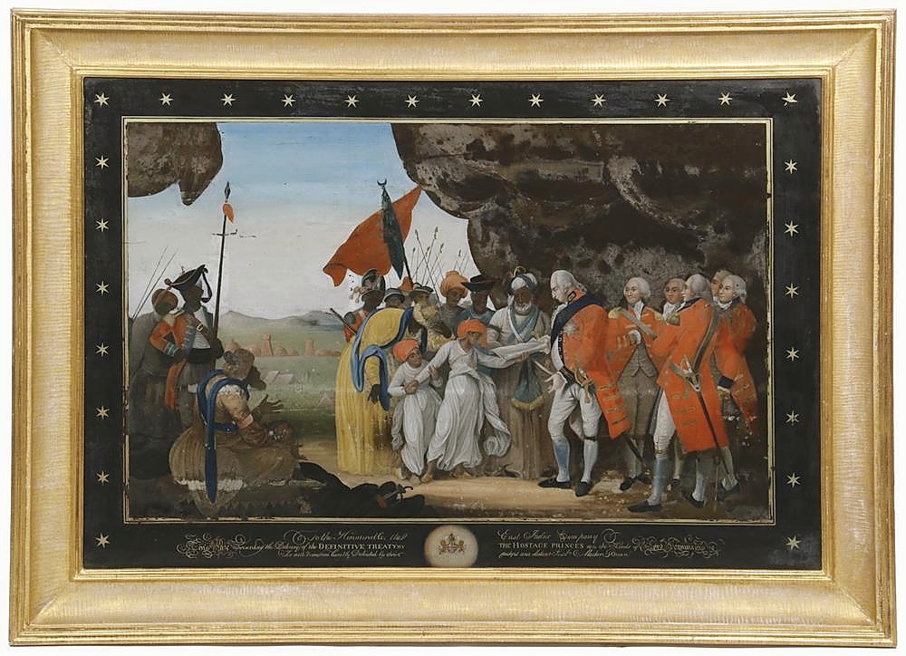 The top lot in the sale was this British historic reverse-glass oil painting, circa 1793, probably by Mather Brown, which had an integral verre eglomise mat, its original gilt frame and was captioned “To the Honorable, The East India Company, This Plate representing the Delivery of the Definitive Treaty by the Hostage Princes into the hands of Lord Cornwallis, Is with Permission humbly Dedicated by their faithful and obedient Serv.t Mather Brown,” with six-pointed star surround. An online bidder, underbid by another online bidder, bought it for $84,000 ($6/8,000).