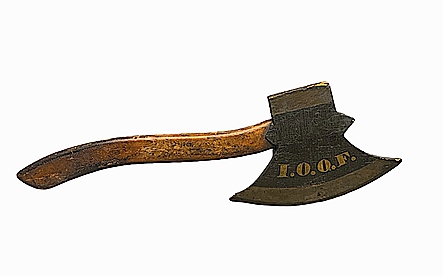     Ron Korman of Muleskinner Art & Antiques, Williamsville, NY, donated this ax to Odd Fellows.  Korman wrote: “We've had several large Odd Fellows wooden axes over the years, but we've never seen an ax-sized piece before.  It's a little beauty!
