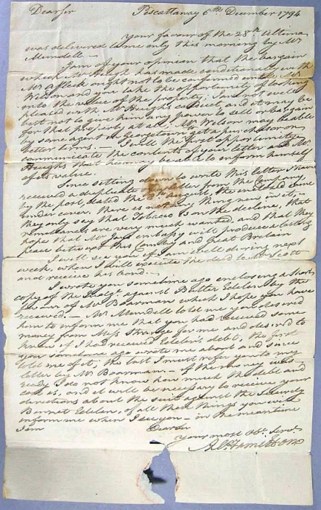 Early documents were led by an Alexander Hamilton autographed letter that quadrupled estimate to bring $4,080. It was dated December 6, 1794, and describes a series of land transactions with other gentlemen involved, along with the comment, “hope Mr. Jays embassy will produce a lasting peace between this Country and Great Britain.”