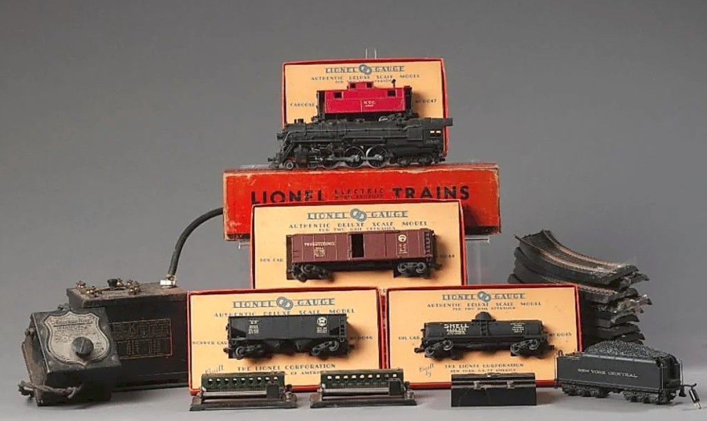 Pulling in $1,722 was this Lionel train set, which included a 5342 Hudson Locomotive, 044 box car in original box, 046 hopper car in original box, 0045 oil car in original box, coal car, 12 sections of track, a Lionel K multivolt transformer and an American Flyer 1249 transformer.