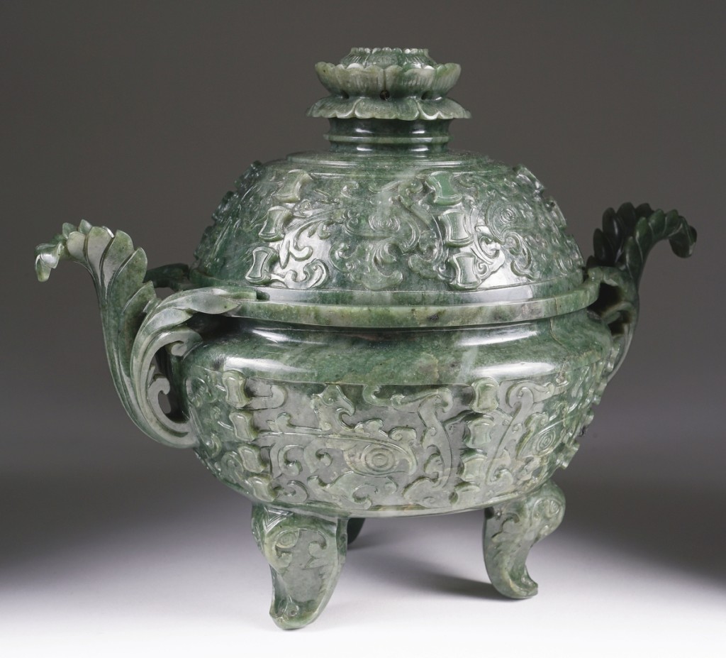 This Chinese dark green jade covered censer from the Eighteenth Century benefited from an important exhibition history, which pushed it from its $40,000 high estimate to finish at $150,001 to become the top lot. It went to a buyer in England.