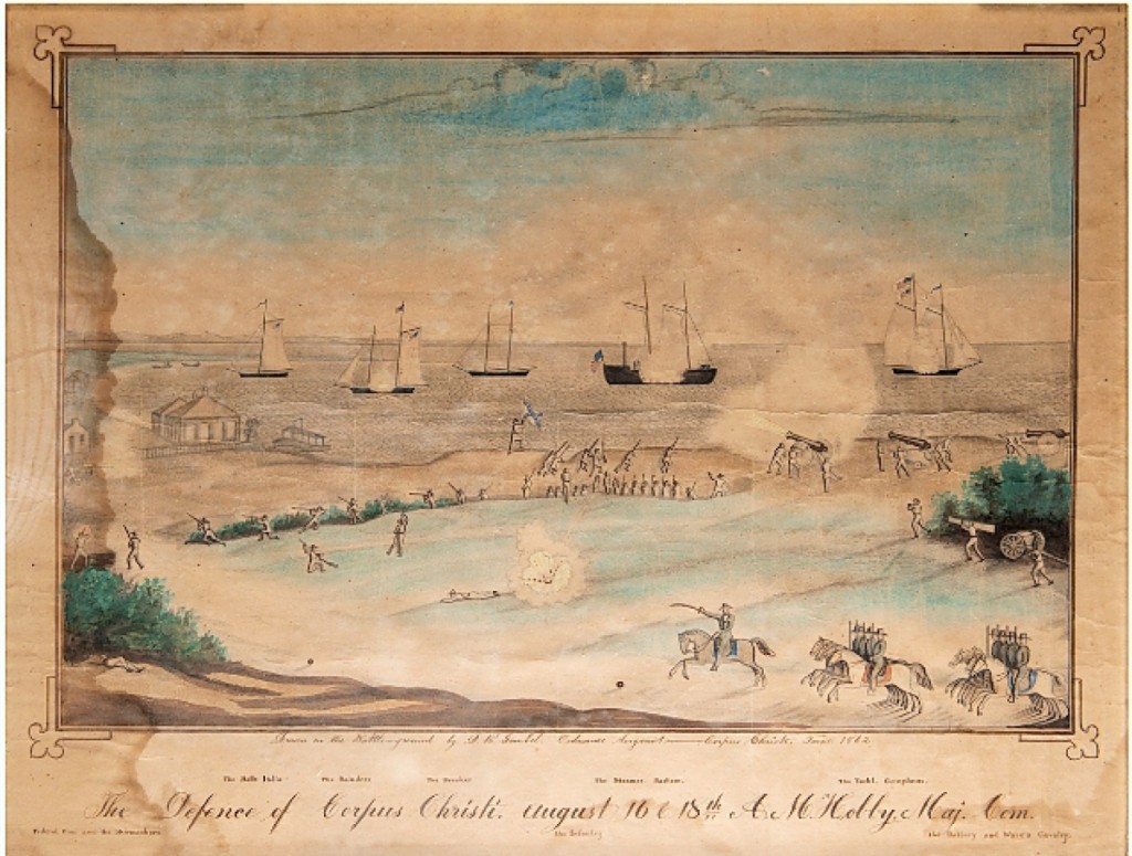 Texas bidders did not want to let go of this watercolor depicting the Battle of Corpus Christi, which sold for $32,500 on a $4,000 estimate. It came by descent from the family of Captain James A. Ware (1826-1910), Co. F, 1st Texas Cavalry, who is depicted and labeled in the work with his unit as “The Battery and Ware’s Cavalry.” It was produced by 1st sergeant D.R. Gamble.