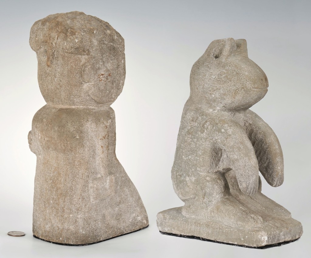 Self-taught African American artist William Edmondson continued his winning ways at Case with two sculptures that came from the same New York estate collection. At left, “Lady with a Book” — likely inspired by a woman in Edmondson’s Nashville community — sold for $144,000, and a “Critter” went out at $66,000. Case has now sold eight Edmondson sculptures in the past five years, including one now in MoMA’s permanent collection.