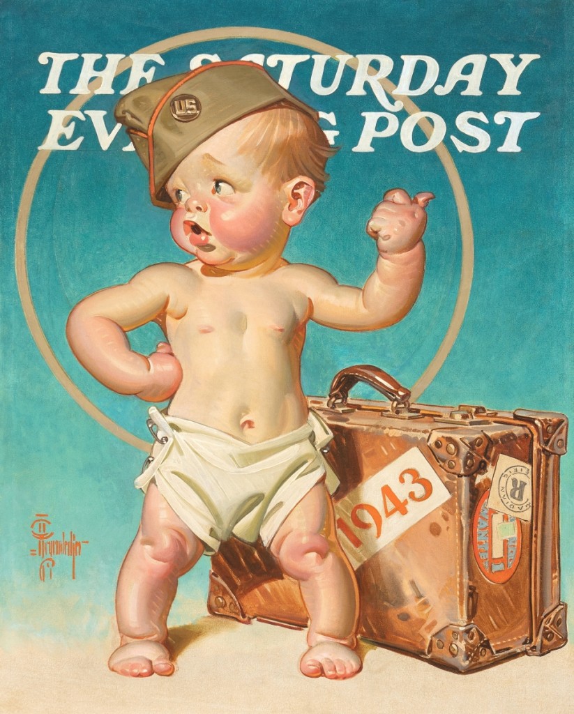 Chadd Wilkinson, the consignor of this unpublished Saturday Evening Post cover, said he is going to forward much of the proceeds from the $275,000 sale of this 1943 J.C. Leyendecker original oil on canvas painting to the family of its original owner, E. Huber Ulrich, who was the chairman of the board and chief executive officer of Curtis Publishing. The work was supposed to be Leyendecker’s last at the Post, but it was rejected because the publisher thought it would break too many mother’s hearts as their sons went off to fight in World War II. They chose a more militant work from Leyendecker instead to grace that cover, and this painting faded away into obscurity. Leyendecker passed the baton to Norman Rockwell at the publication thereafter.