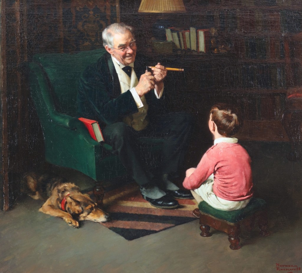 Norman Rockwell’s “Grandfather and Grandson” was commissioned by Dixon Ticonderoga, the producer of the iconic No. 2 pencil. It hung in their company headquarters since Rockwell produced it in 1929. We see a grandfather giving a lesson on how to sharpen the yellow pencil, a heartwarming image of family and generational lessons. The painting sold for $447,000.