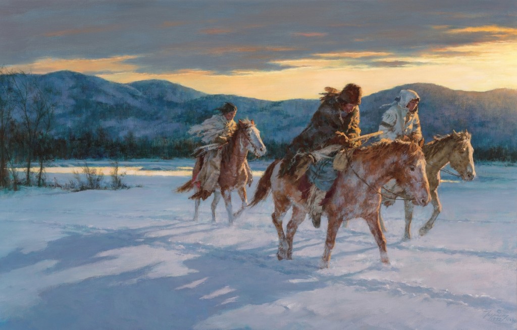 The sale’s top lot was “Against the Cold Maker” by Howard Terpning, which sold for $585,000. The work came from a private Texas collection. It features three Native Americans on horseback trudging through a few inches of snow, leaning into the brisk cold as they seemingly return the way they came. Terpning is a Texas artist and sale director Aviva Lehmann said she was thrilled to represent him at the Texas auction house.