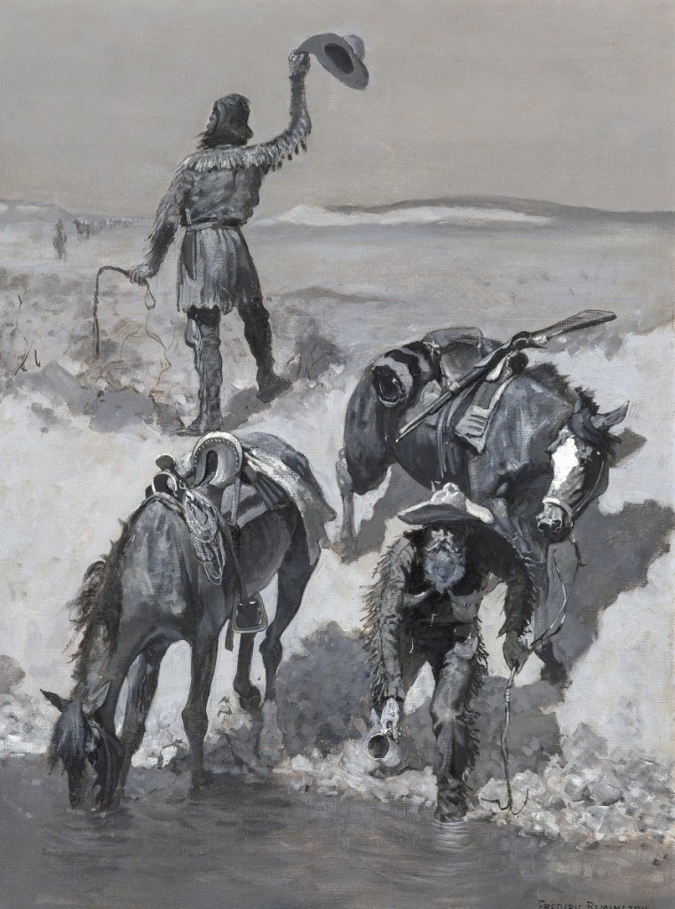 Frederic Remington brings audio to the man with a raised hat in his oil on canvas, “Water!” The painting accompanied an article titled “The First Emigrant Train to California,” written by General John Bidwell in the November 1980 issue of The Century Magazine. It sold for $300,000, nearly triple estimate.