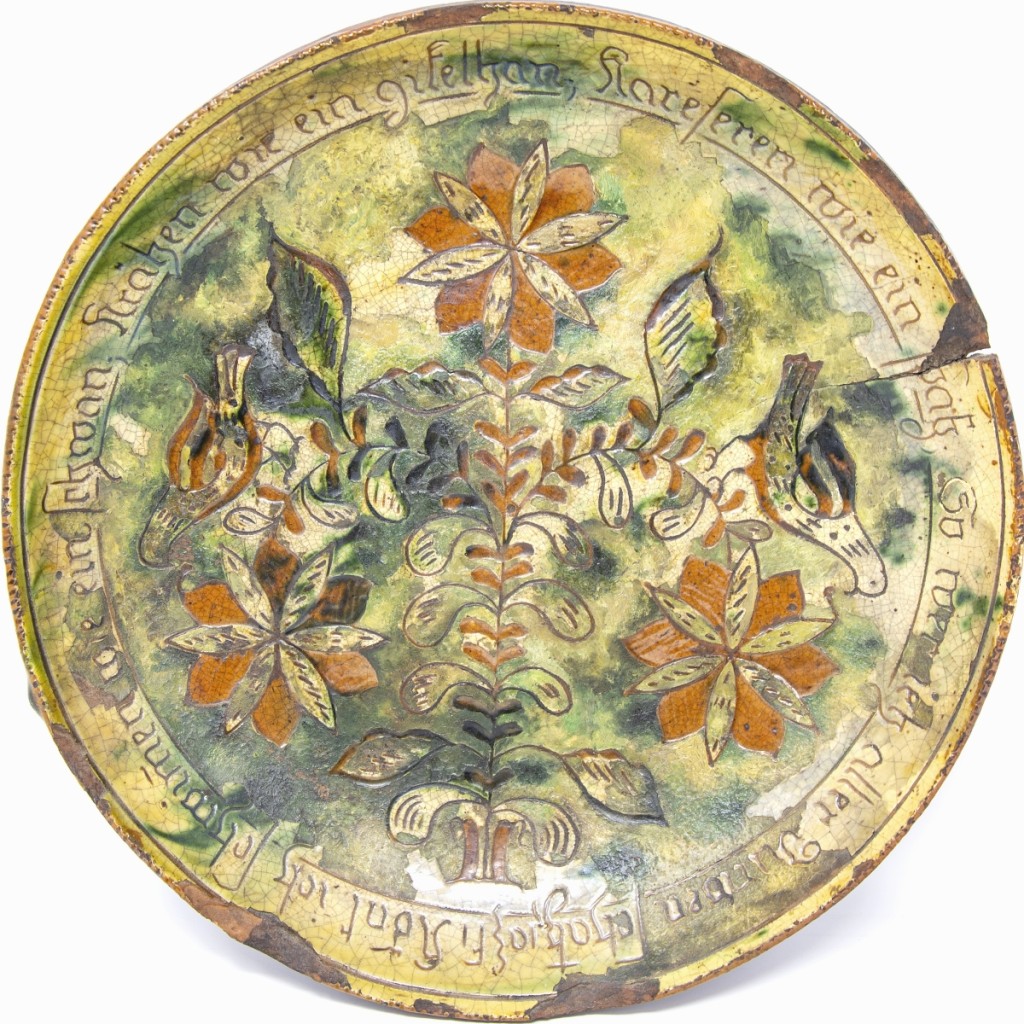 Sgraffito plate, Samuel Troxel (1803-1870), Upper Hanover Township, Montgomery County, Pennsylvania. Collection of Bradley and Deanne Hamilton.