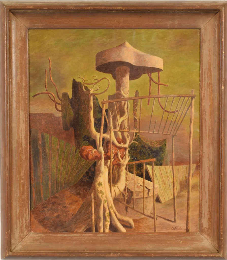 A trade buyer paid the sale’s top price, prevailing against an online bidder and other trade buyers, taking John Atherton’s “Magical Surreal Landscape,” for $13,420. The work, which had been painted in 1946 and measured 30 by 25 inches, had been estimated at $7/9,000. Downer said it was one of a few surrealist paintings done by the artist.