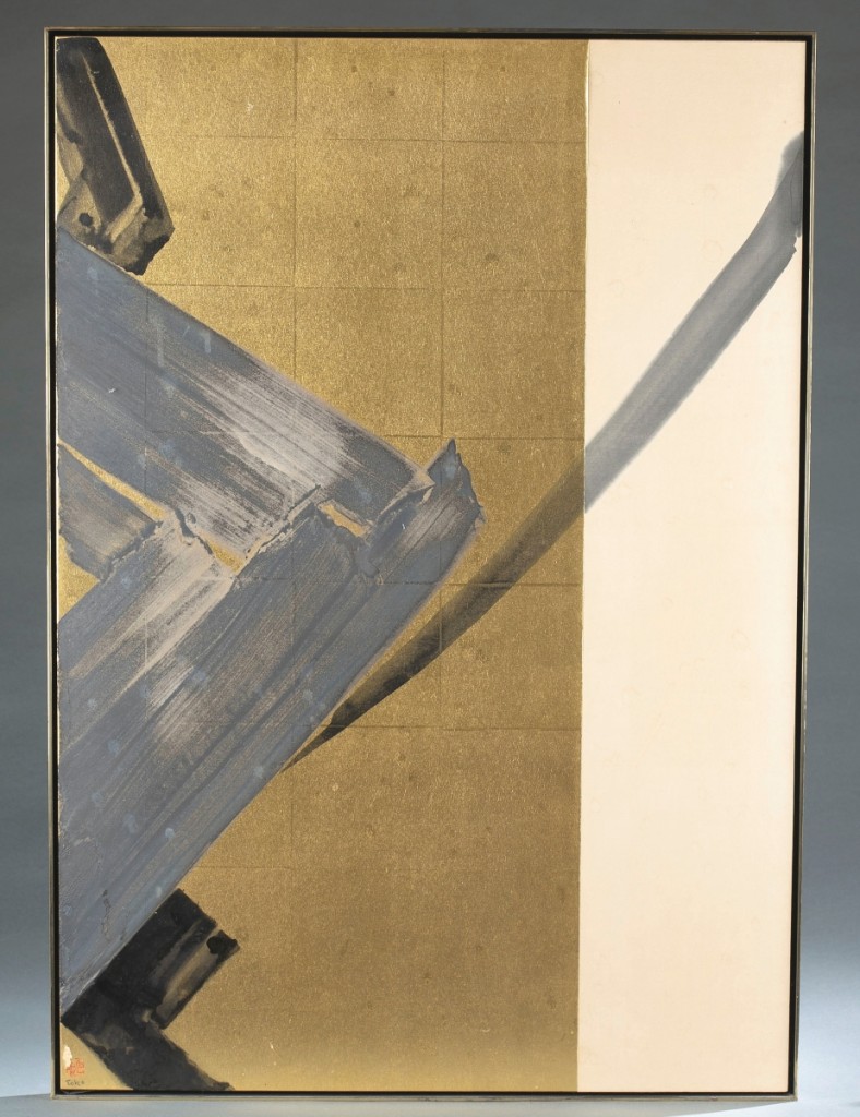 Among a run of artwork by Japanese contemporary artist Toko Shinoda (b 1913) that sold for a combined $110,105, the top lot was “Nexus,” 1965, a Sumi ink and gold foil on paper work with artist seal and signature lower left. Signed, titled and dated on verso, the 35¾-by-25-inch (sight) work more than doubled its high estimate to finish at $26,840.