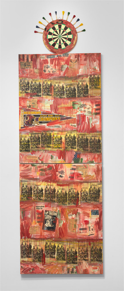 Jaune Quick-to-See Smith, “I See Red: Target,” 1992, mixed media on canvas, overall (three parts): 134 by 42 inches, National Gallery of Art, Washington, Purchased with funds from Emily and Mitchell Rales.