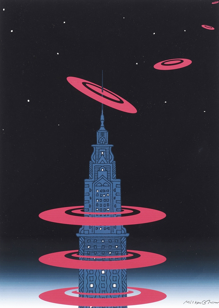 Tying for the sale’s top lot was this original work for New York magazine titled “New York is About New York,” which sold for $8,750. It was done in 1976. Glaser returned to images of New York skyscrapers throughout his career.