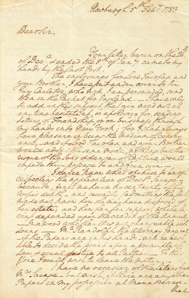 Leading the sale was this autograph letter signed (“Go: Washington”) as Continental Commander to Bryan Fairfax, hoping for good news regarding the peace negotiations to end the Revolutionary War — not knowing the preliminary articles of peace had been signed two weeks earlier. The two-page document (one page shown) sold for $60,000.