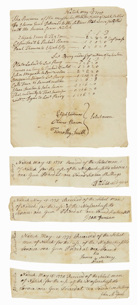 Fetching $25,000 were five Revolutionary War-era manuscript documents signed by some of the first African Americans to fight for the American cause, dated less than a month after Lexington and Concord, Natick, Mass., 15 May 1775.