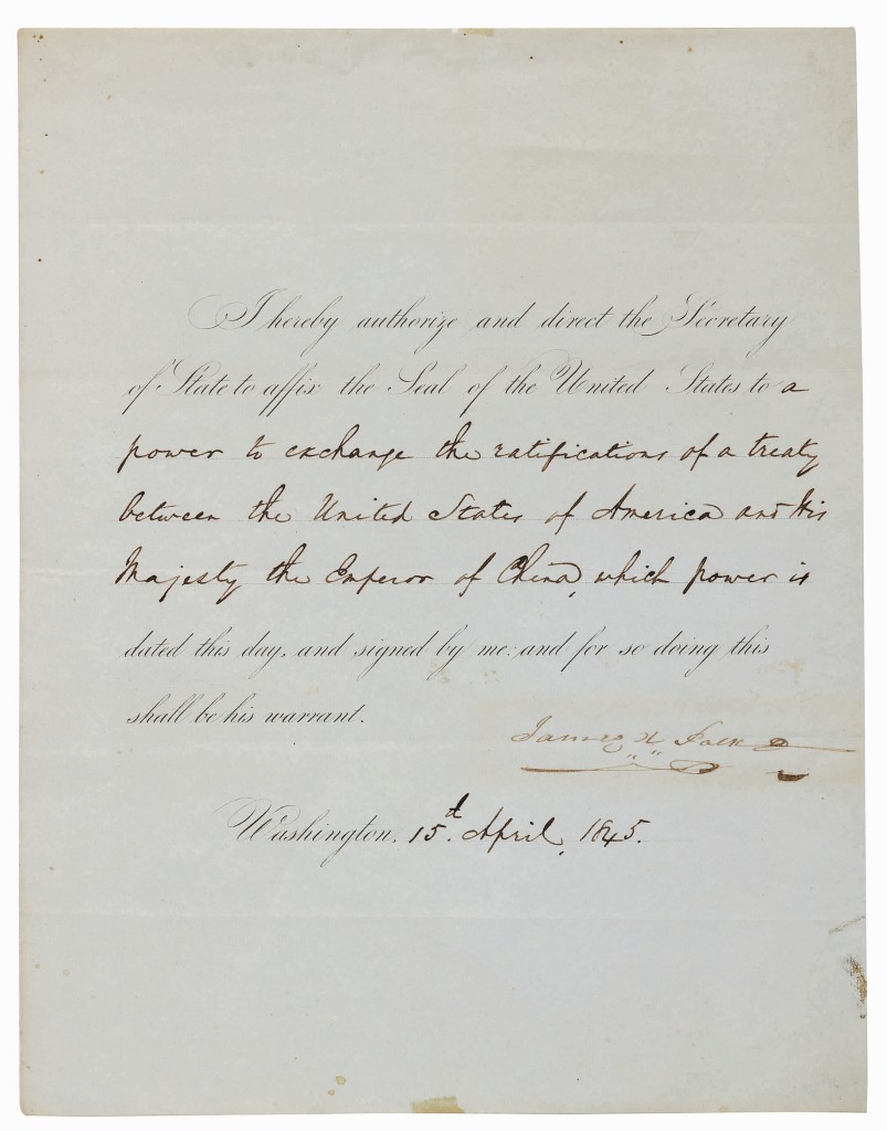 A partially engraved document signed “James K. Polk” as 11th president, being an order to secretary of state James Buchanan to affix the Seal of the United States on the first formal treaty between the United States and China earned $13,750.