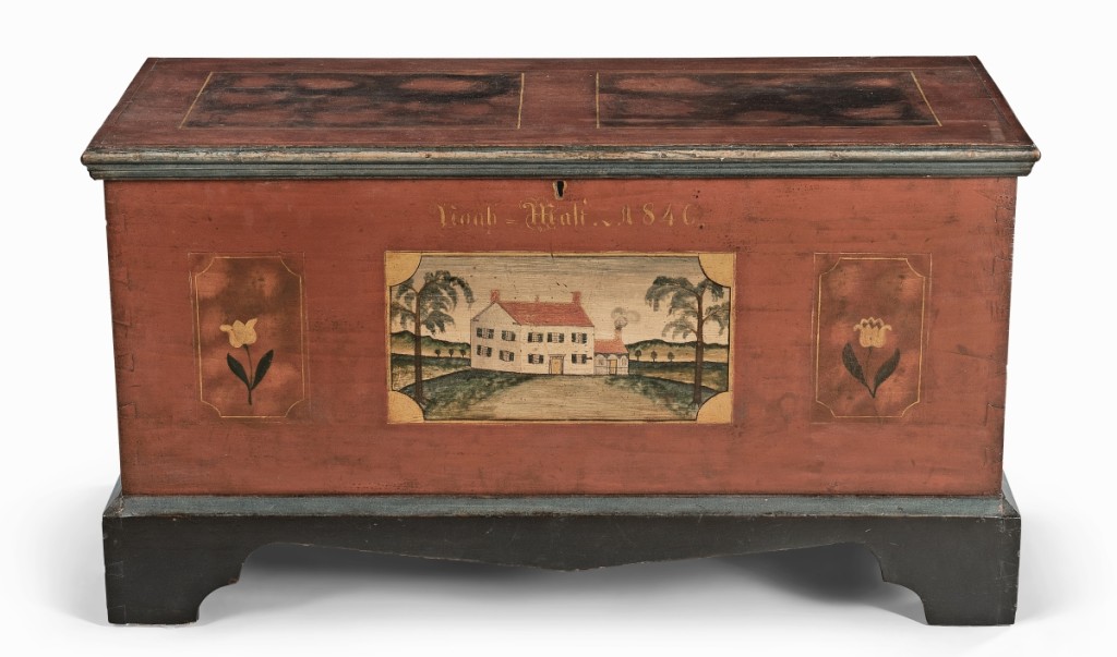 The highlight of the Kolar collection, fetching $33,750, was a paint-decorated dower chest, with an identified and dated scene. It had a painting of a red-roofed two-story house, and lettered in yellow, “Noah Mari,” 1846.