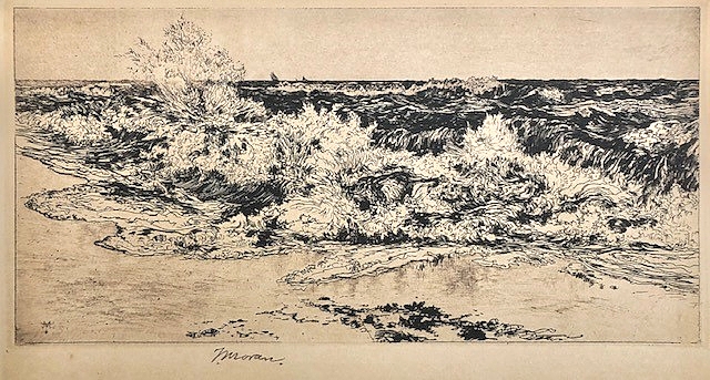 Thomas Moran’s 1880 etching on paper, “The Sounding Sea,” sold for $875 in the online auction. The funds will benefit the historical society. 