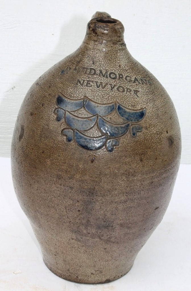 An online buyer from the Midwest paid $3,600 for this late Eighteenth or early Nineteenth Century stoneware ovoid jug made by David Morgan. It had been drilled to be fitted as a lamp but was “still impressive for what it brought,” according to Reuling ($3/5,000).