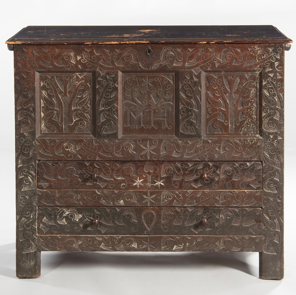 One of the stars of the sale, selling for $62,500 was a carved oak and pine two-drawer Hadley chest dating to the late Seventeenth or early Eighteenth Century. The initials “MH” were carved in a panel below the lift top.