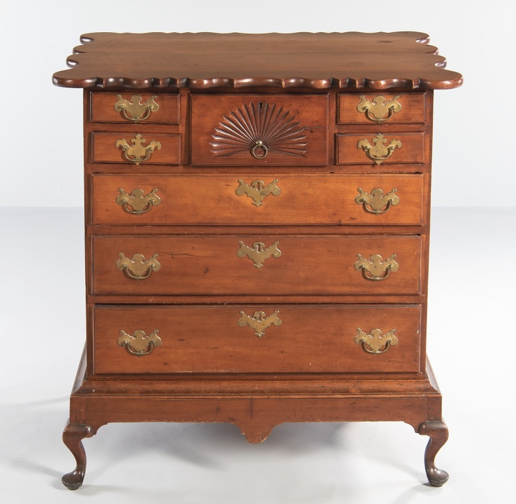 The star of the sale, realizing $137,500, was one of the true rarities in the American furniture field. It was a late Eighteenth Century chest-on-frame. Perhaps made for Abigail Hoyt, who married a prosperous Greenfield farmer in 1783, it was underbid by David Schorsch, who said it was “one of the pieces on the ‘dream’ list in my brain and I never expected to see this one.”