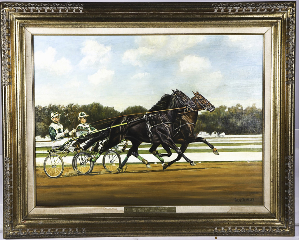 Top lot in the sale was this painting of Peter and Billy Haughton International Trot winners Cold Comfort and Doublemint, circa 1979, by W. Philip Berkeley, which finished at $2,768.