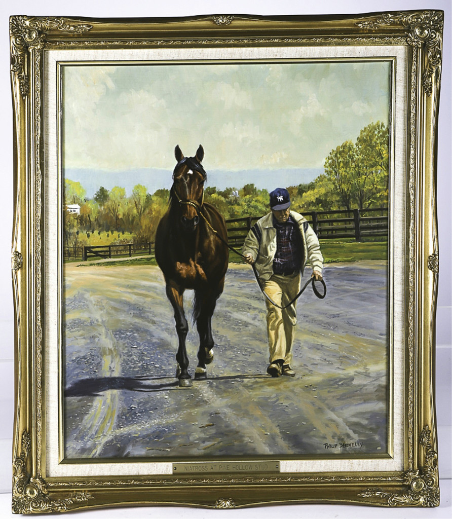 Philip Berkeley’s oil on canvas painting, 24 by 20 inches, illustrating the arrival of the great standardbred racehorse Niatross at Pine Hollow Stud Farm on September 12, 1982, finished at $1,968.