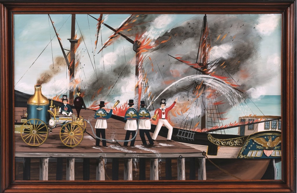 An oil on board by Ralph Cahoon sold for $25,000. It showed a ship on fire while docked and firemen with their equipment trying to extinguish the blaze.