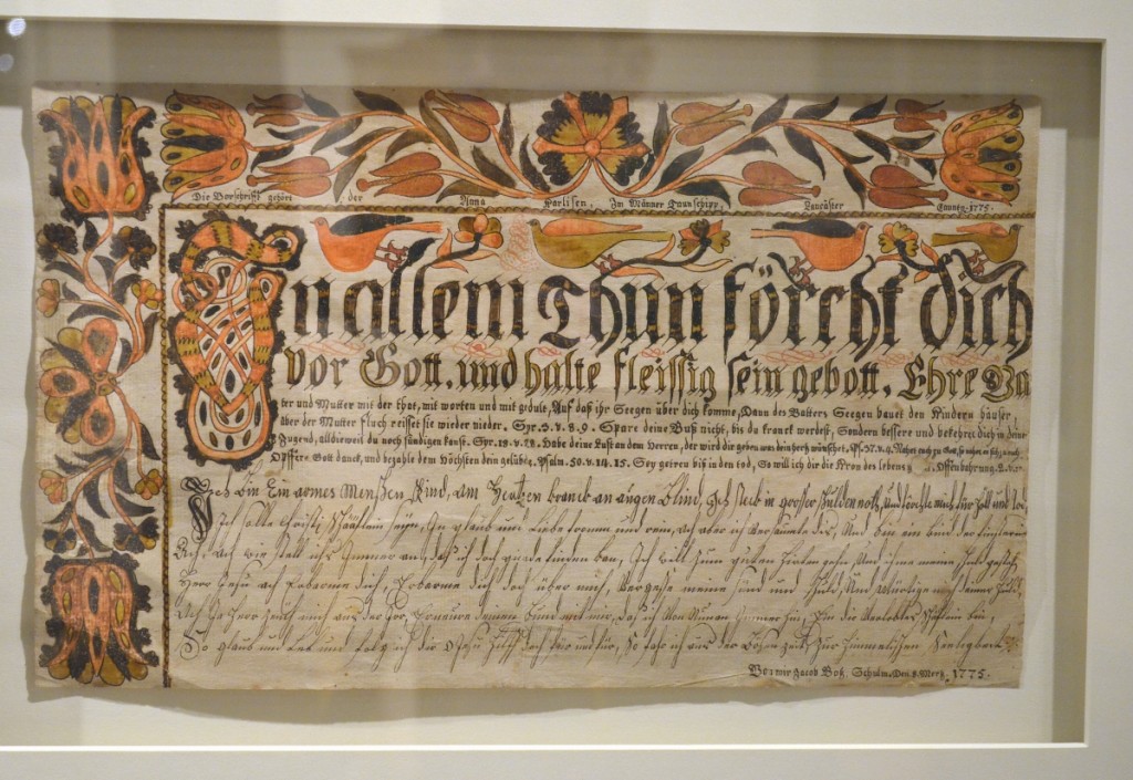 Jacob Botz, Vorschrift (penmanship sample) for Anna Carli/Charles, Manor Township, Lancaster County, March 8, 1775, 7- inches high by 13- inches wide. David G. Charles Collection, Lancaster Mennonite Historical Society, Lancaster, Penn.