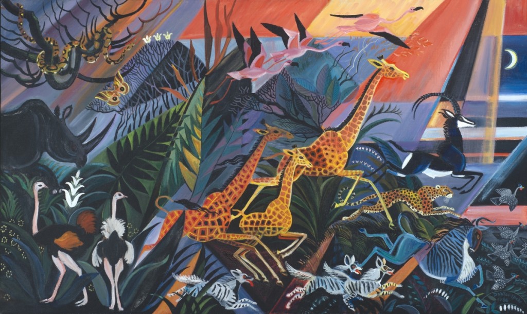 Dahlov Ipcar’s “Nightfall – Ngorogoro,” sold for $30,500, triple its high estimate. It was 24 by 40 inches.