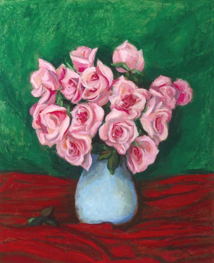 Fetching $23,180 was Walt Kuhn’s (1877-1949) lush still life, “Pink Roses in Blue Vase,” 1938, 30 by 25 inches.