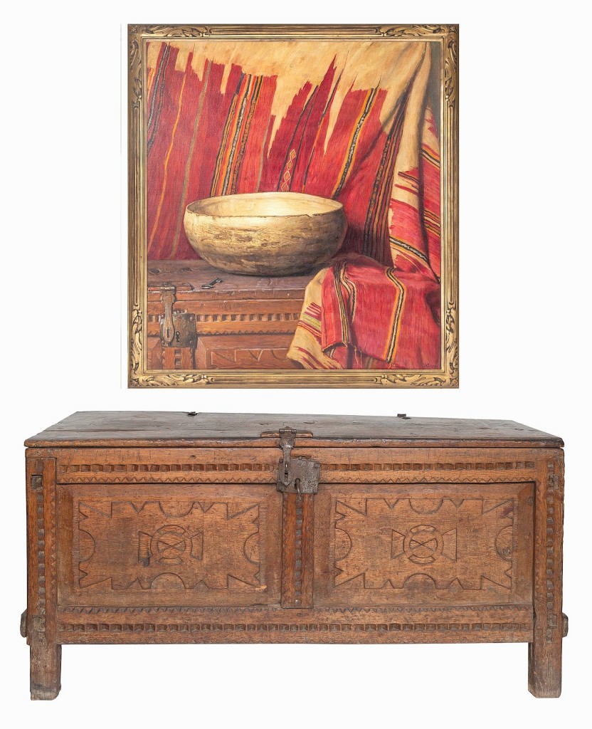 "The Sharp lot was historically relevant to New Mexico," Shapiro said about this oil on canvas still life painting by Joseph Henry Sharp that sold together with the chest pictured in it, both bringing the sale's top result at $335,000. It sold to a private collector, underbid by collectors, dealers and the Couse-Sharp Foundation. Sharp wrote on the painting's verso that the chest was once owned by the first civilian Governor of New Mexico, Charles Bent. It is attributed to the Valdez family of Velarde, New Mexico. The oil on canvas painting measures 39 3/4 by 36 1/4 inches and was passed down in the family of Laura Scudder, who purchased it along with the chest, bowl and drapery, directly from the artist. The bowl and drapery are lost. 