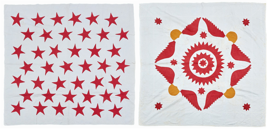 Freeman’s saved the best lot for last. Leading the sale with a price of $1,950 was this two-quilt lot that sold to an agent or broker bidding on behalf of a client. Featured was a red and white 42-star “Great Star” quilt from Orange County, N.Y., and an “Eagle with Shield” quilt, both of which were from the second half of the Nineteenth Century ($800-$1,200).