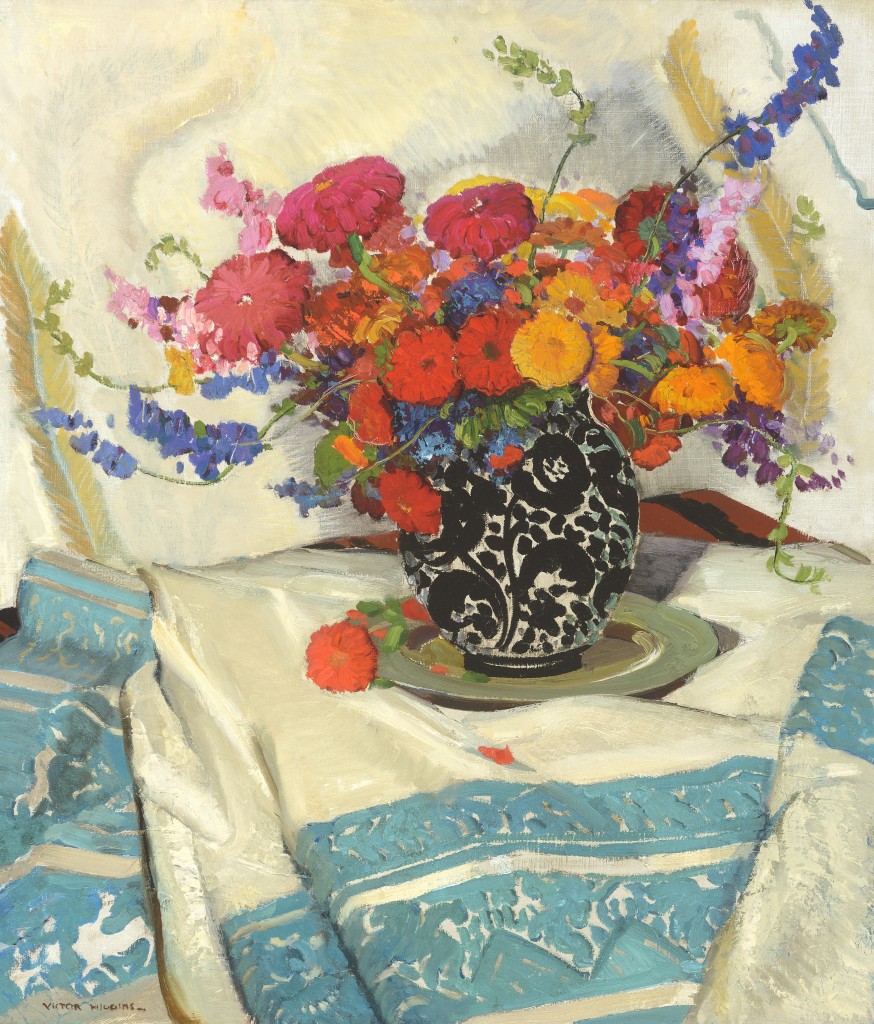 "New Mexico Zinnias" by Victor Higgins (1884-1949) was the second highest result in the auction, selling for $416,500. The oil on canvas earned another silver medal as the second highest still life from the artist to sell at auction. Coeur d'Alene Art Auction hold's the artist's auciton record at $833,000. Oil on canvas, 30 by 24 inches.