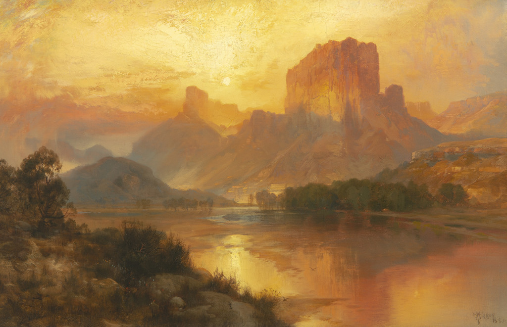 Thomas Moran's (1837-1926) "Green River, Wyoming" was the sale's top lot at $1,638,000. The scene, with its golden sky and towering butte, is an iconic one for Moran and always very desirable among collectors of Western art. Moran visited the scene on his first trip out West in 1871 and would return to sketch it again in 1879. This work was made in his studio in 1883. 