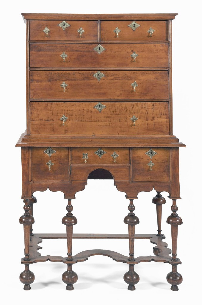 Fetching $31,250 and from the Perkins collection was the Rogers family William and Mary highboy, standing 65¾ inches high. It descended in the William Rogers family of Newport, R.I., until 2010.