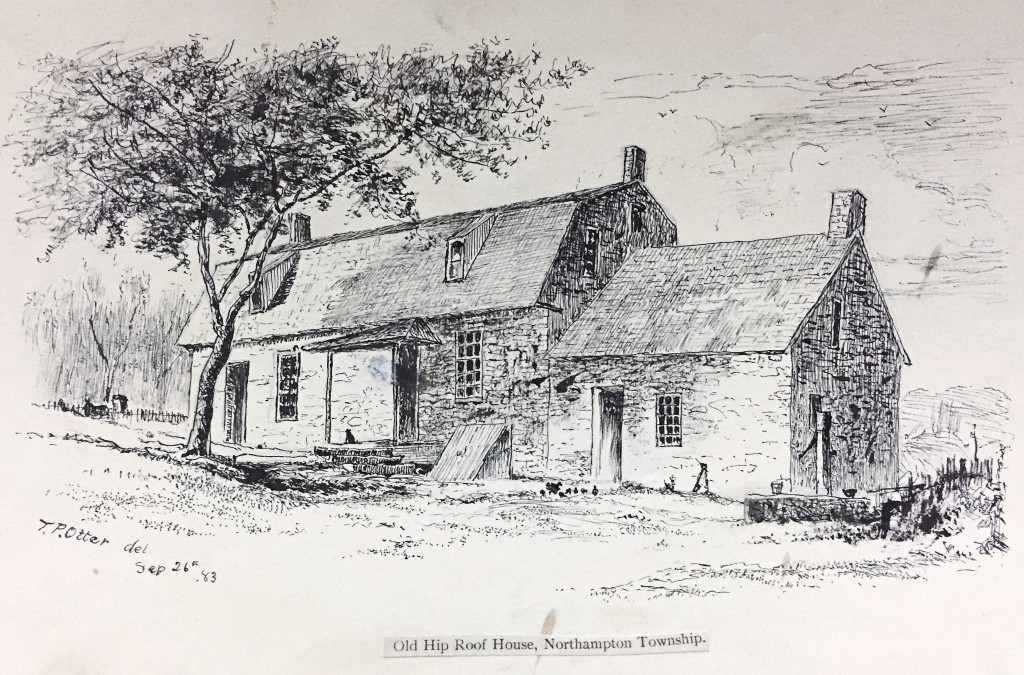 One of several drawings of historic structures in Bucks County rendered by Otter in the 1880s. The home of a Revolutionary War soldier, the house more properly features a “gambrel” rather than a “hip” roof. “The Old Hip-Roof House, Northampton Township” by Thomas Otter (1832-1890), 1883. Ink on paper. Mercer Library Collection.