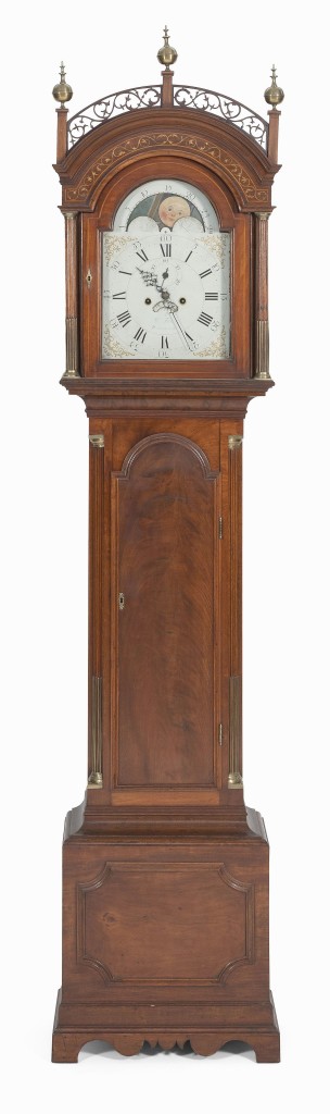 This William Fitz tall case clock, circa 1795, from the New Hampshire collection of Lawrence and Dorothy Perkins was the sale’s top lot, selling for $68,750. 