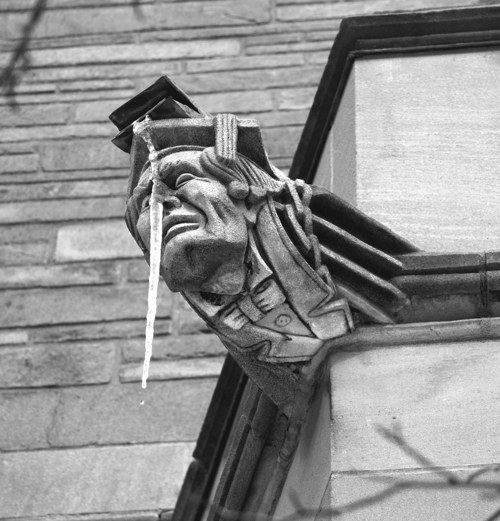 Law Professor gargoyle at the Yale Law School photographed in the winter.