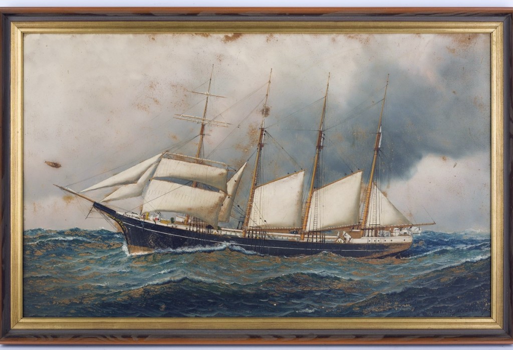 Top lot among the Harvey Roberts collection, selling for $960, was this Antonio Nicolo Gasparo Jacobsen (American-Danish, 1850-1921) oil on academy board portrait of the ship Aimee, signed and dated 1916 lower right and measuring (sight) 17½ by 28 inches.