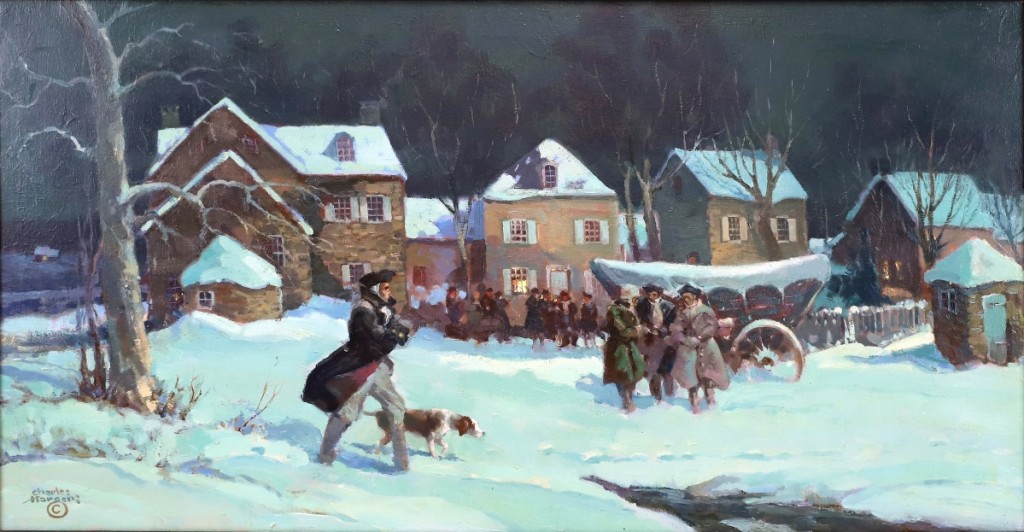 Combining a wintry scene with American history, Charles Hargens’ (1893-1997) “Washington Crossing, 1776” depicted George Washington on the evening of his famous crossing. It sold for $7,200.