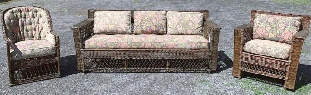 This three-piece wicker porch set by Gustav Stickley sold to a California buyer for $6,325. It was recovered in William Morris fabric and the consignor was told that the set came from Stickley Farms in New Jersey.